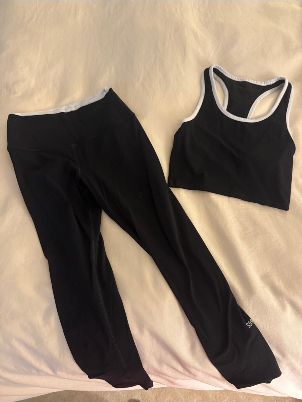 Splits59 Black Active Leggings with White-Trim Racerback Sports Bra